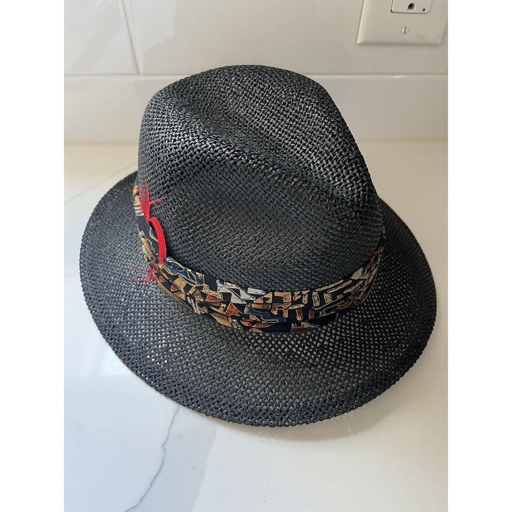 USA Made Black Woven Fedora Hat Small Panama Style Red Feather Wide Brim